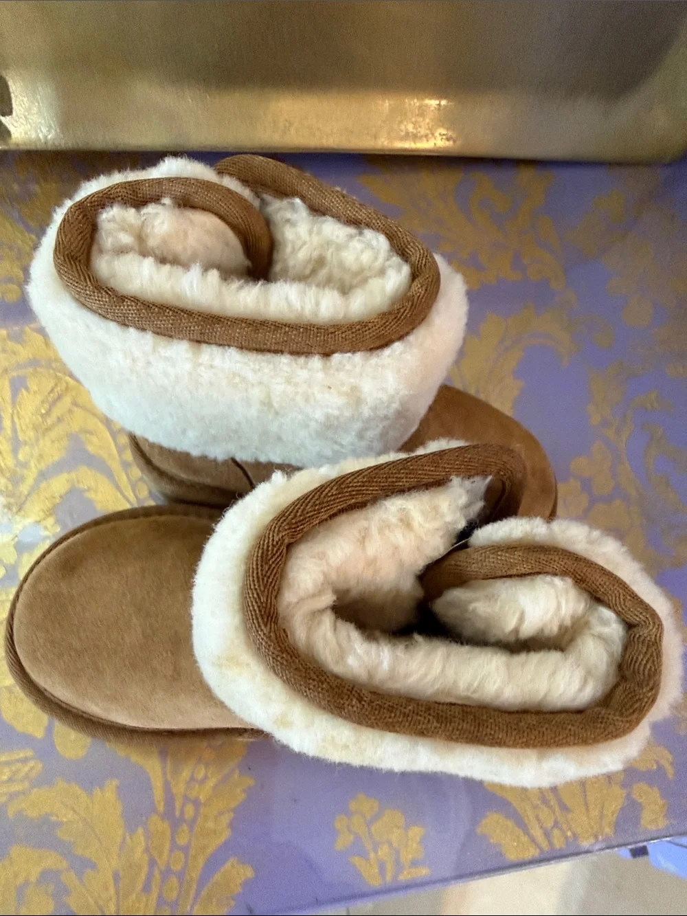 UGG Chestnut Suede Shearling Cuff Kids Slippers